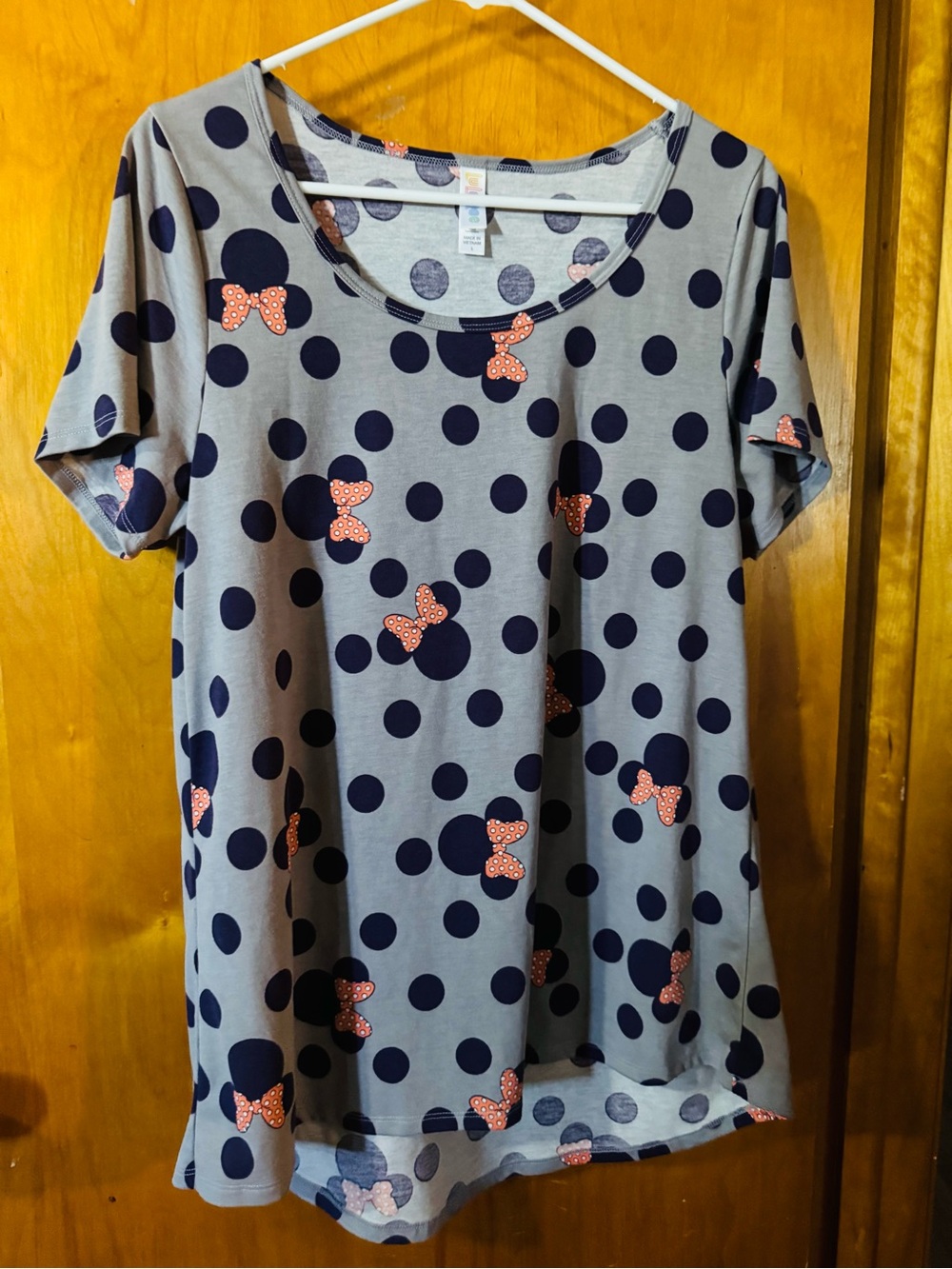 LuLaRoe Gray Short-Sleeve Tee with Navy Polka Dots and Pink Bows